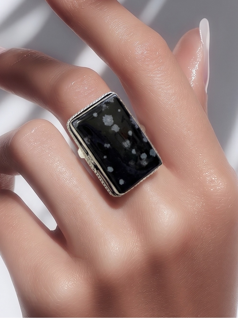 Snowflake‎ Obsidian Adjustable Silver Plated Handmade Ring Gift Boxed Size 5.5–9